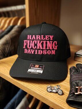 Retro Harley Fuc@@ng Trucker Hat Pink Embroidered Richardson 112 Snapback Cap